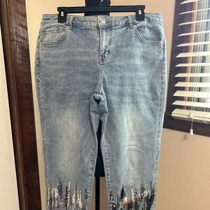 Logo lavish straight leg boyfriend cropped jeans with sequins cloud wash